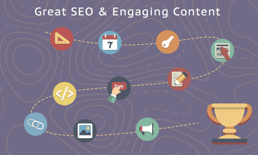 Great SEO and Engaging Content icons on topographic map to lead to cup of great seo by virtual wave media