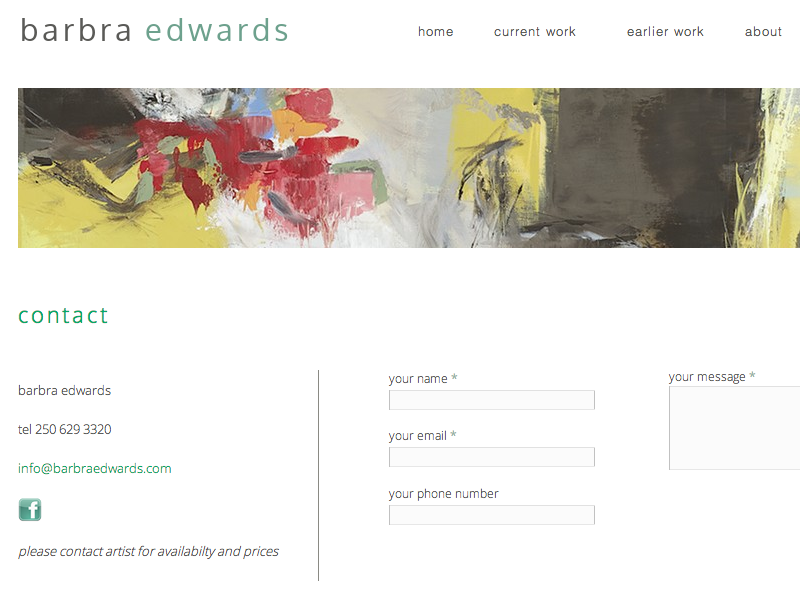 screenshot of contact page of www.barbraedwards.com displaying artwork banner and contact form