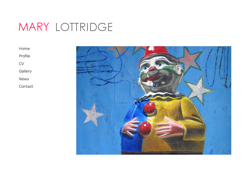 screenshot of front page www.marylottridge.com displaying a clown