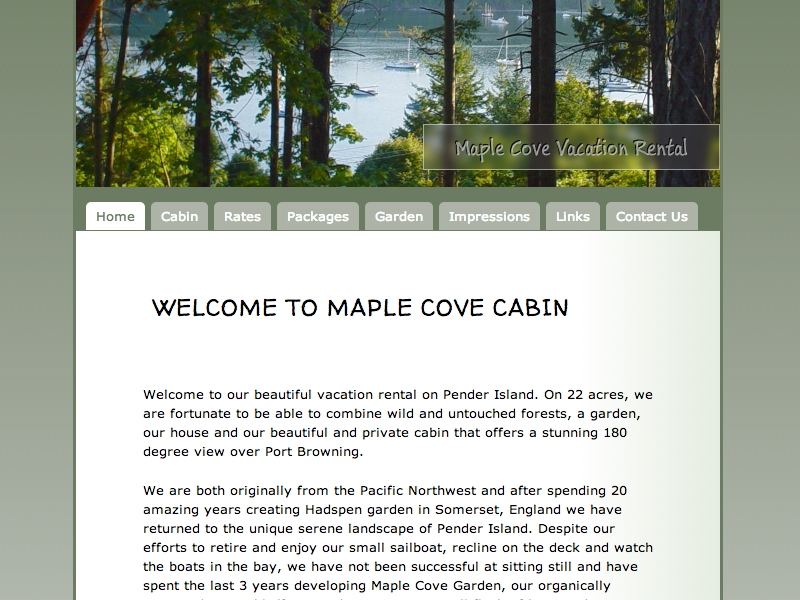 screenshot of www.maplecovecabin.com with a photo of Port Browning, Pender Island through trees